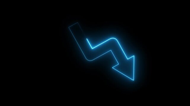 Glowing blue neon arrow pointing down in a zigzag shape on a dark black background representing financial decline or negative trend in business growth and data analysis visualization