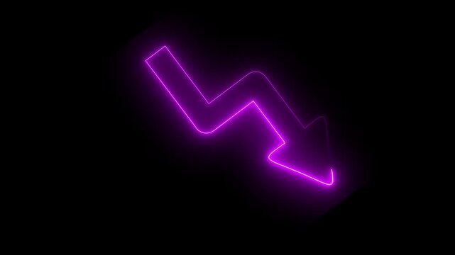 Bright purple neon glowing arrow pointing downwards with a zigzag line path isolated on a dark black background representing a downward trend or financial loss sign
