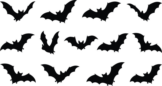 Black silhouettes of bats flying in a horizontal line pattern