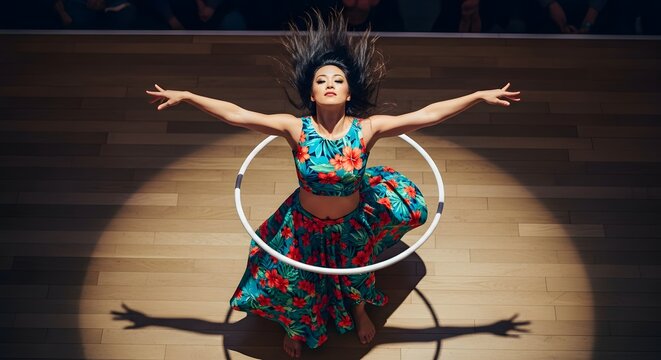 Woman dancing with hula hoop on wooden floor