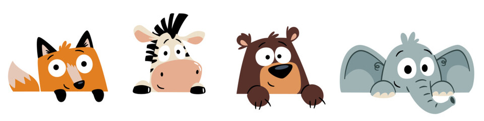 Naklejka premium A set of flat vector illustrations in a simple, child-friendly style. Cute animals an elephant, a zebra, a fox, and a bear peek out from behind a wall. Vector illustration