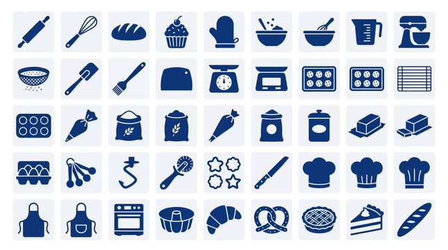 Baking and Cooking Tools Icons Set for Bakery and Kitchen