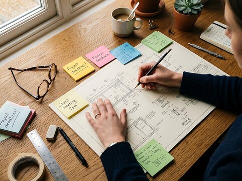 Overhead view of person meticulously planning and drawing architectural blueprints with sticky notes for project management and inspiration