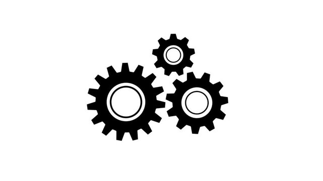 Three  gear icons rotating in different directions on transparent background. technology videos, teamwork concepts, engineering, and creative projects. cogwheel rotation loop.
