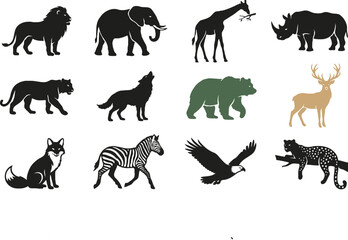 Obraz premium Set of wild animal silhouettes with lion elephant giraffe bear deer and eagle on white background