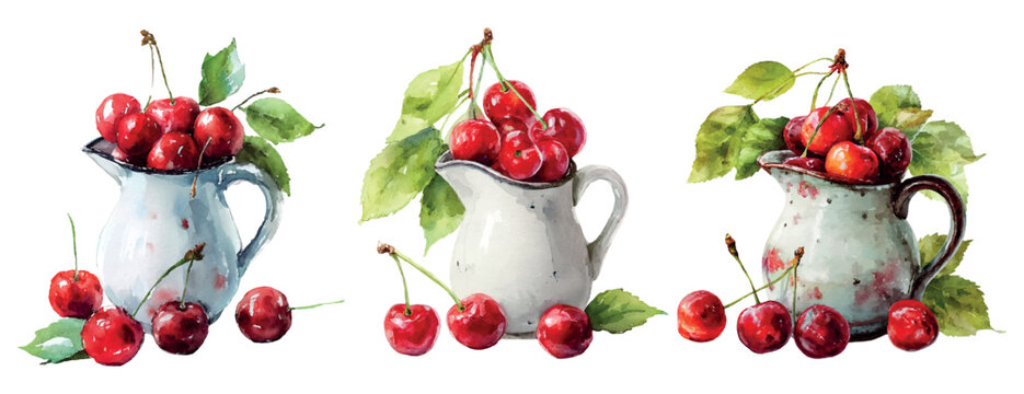 Freshly picked red cherries in watercolor pitchers, illustrating sweet summer fruits, healthy eating, organic produce, farm harvest, and rustic kitchen decor concepts