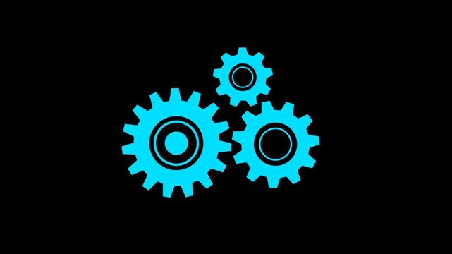 Three  gear icons rotating in different directions on transparent background. technology videos, teamwork concepts, engineering, and creative projects. cogwheel rotation loop.