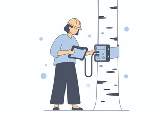 Fototapeta premium Scientist examining a birch tree with digital equipment for environmental research outdoors