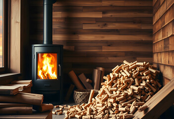 Obraz premium Wood stove burning with stacked firewood indoors