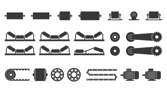 Conveyor System Industrial Components Set Featuring Modular Belt Rollers Mechanical Gears Drive Motors and Transmission Chains Engineering Elements
