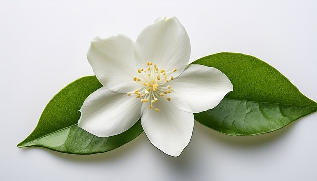 Jasmine Flower With Green Leaves On A White Background