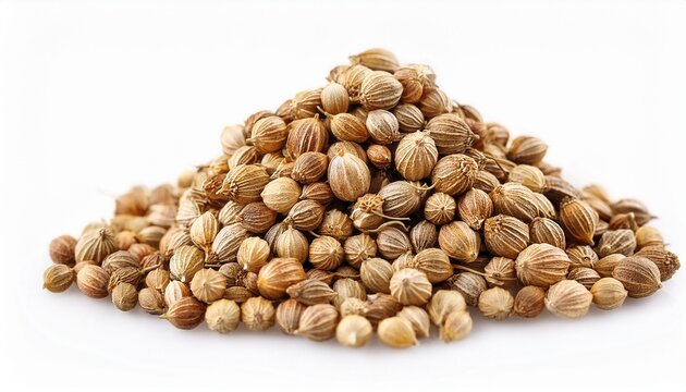 Pile Of Dried Coriander Seeds Macro Detail Isolated On White