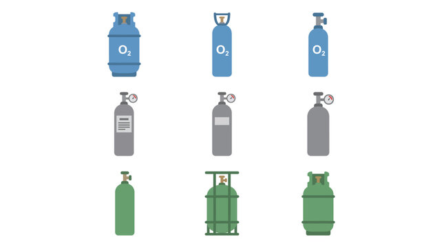 Industrial gas cylinder flat icons featuring oxygen tanks helium containers and propane bottles