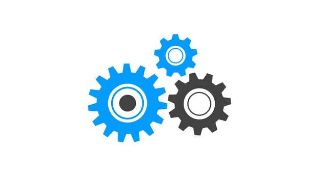 Three  gear icons rotating in different directions on transparent background. technology videos, teamwork concepts, engineering, and creative projects. cogwheel rotation loop.