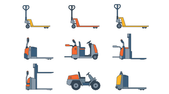 Industrial warehouse forklift pallet jack and electric stacker trucks for logistics operations loading and material handling machinery