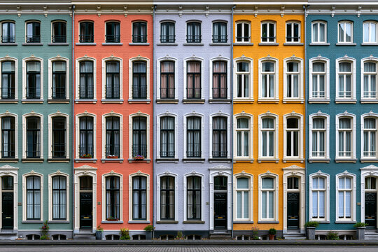 Colorful Row of European Building Facades with Multi Colored Apartment Windows