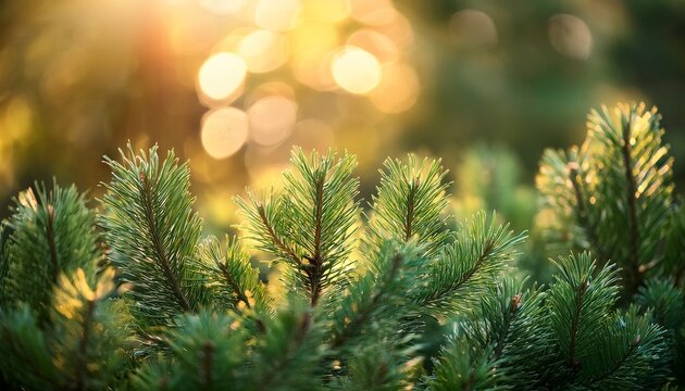 Close Up Of Vibrant Evergreen Needles With Sparkling Sunlight Filtering Through Creating A Soft Blurred Background