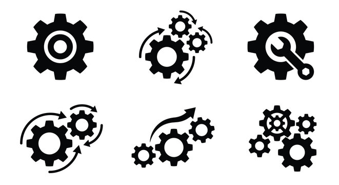 Collection Of Black Gear Icons With Arrows And A Wrench Flat Silhouette gears cogwheels toothed wheels mechanical parts