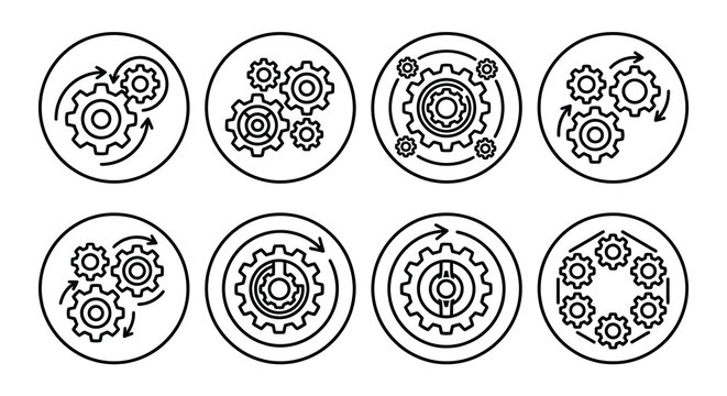 Collection Of Circular Gear Arrangements With Arrows In A Line Art Silhouette gears cogwheels toothed wheels mechanical mechanism