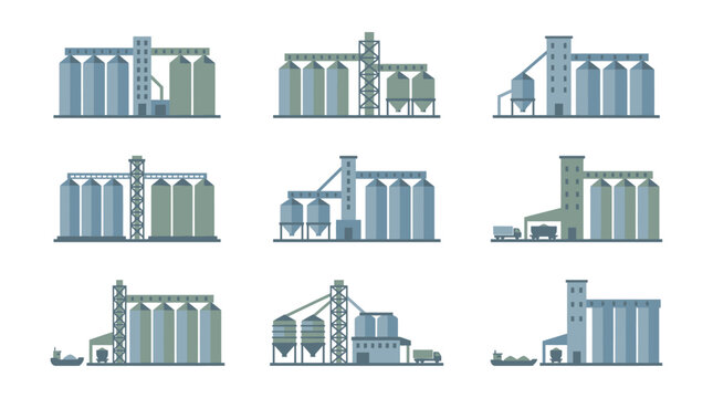 Set of industrial grain elevator silos and agricultural storage facility icons featuring steel tanks for crop processing and distribution systems