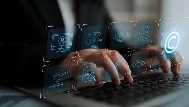 Digital copyright protection system showing secure ownership, intellectual property rights, content verification, and legal warning icons for creators and publishers Marrow