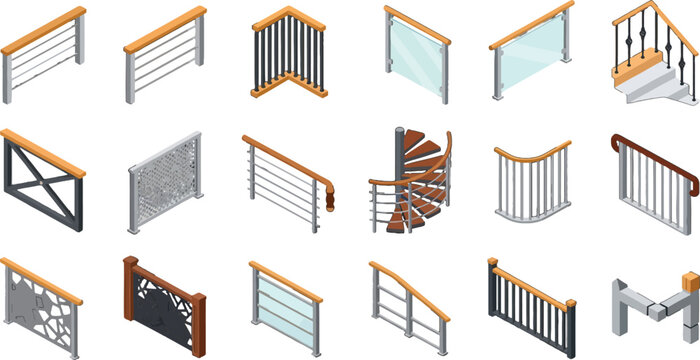 Isometric railing and balustrade set featuring various metal wood and glass designs for architectural interior construction projects