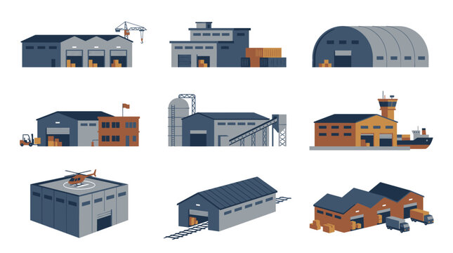 Set of industrial warehouse buildings logistics distribution centers factory plants and commercial storage facilities for transportation and shipping