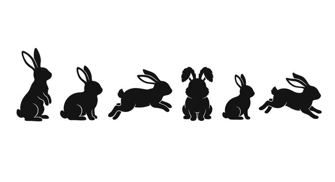 A collection of rabbit silhouettes in various poses against a white background silhouette rabbits bunny bunnies hare hares
