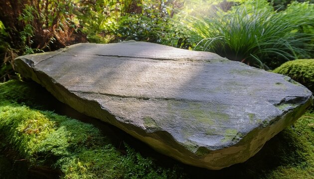 A Large Flat Stone Slab Serves As A Centerpiece In A Serene Garden Surrounded By Delicate Greenery And Soft Moss The Stone Showcases Natural Textures And Subtle Patterns