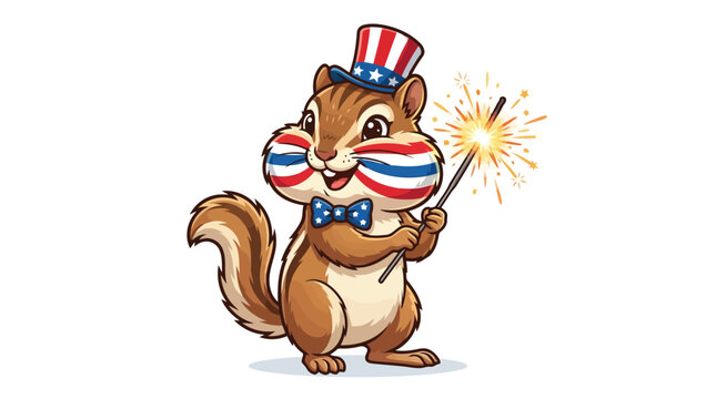 Cute chipmunk wearing uncle sam hat with sparkler vector character illustration
