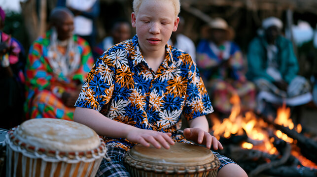 Albinism awareness moment as a teenage boy with albinism practices traditional drumming at an indigenous cultural ceremony, elders watching with approval, late afternoon firelight catching the cerem