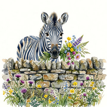 Pretty zebra portrait behind rustic dry stone wall holding bunch of fresh wildflowers in mouth during sunny spring afternoon.