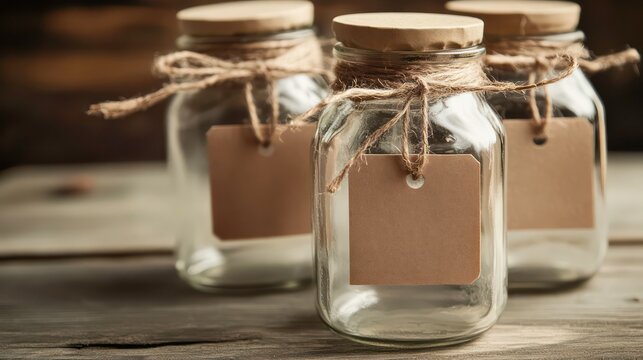 Rustic glass jars with twine and paper tags evoke an artisanal, eco-friendly aesthetic ideal for craft packaging and homemade goods.