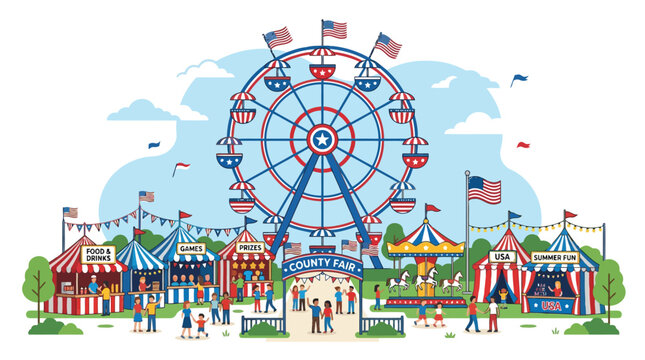 Summer county fair scene with ferris wheel and carnival tents vector illustration