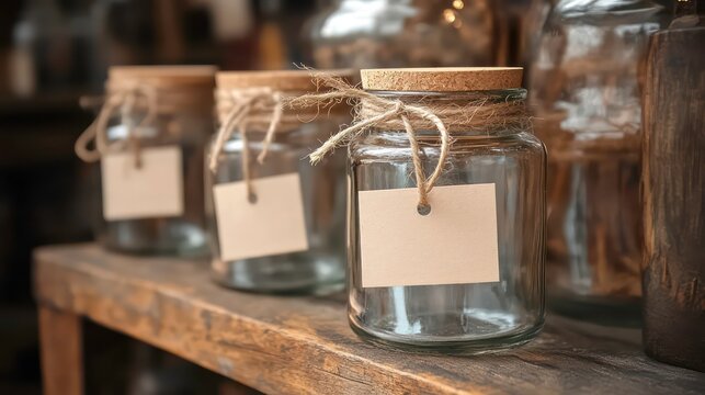 Rustic glass jars with twine and paper tags evoke an artisanal, eco-friendly aesthetic ideal for craft packaging and homemade goods.