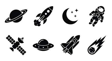 Collection Of Space Exploration Elements Including Planets Rockets And Astronauts Silhouette rocket planet astronaut satellite ufo comet moon © Singdha