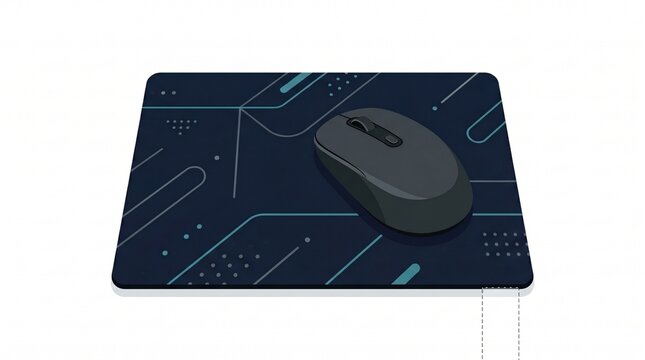 Modern wireless computer mouse on a dark patterned mouse pad, top view
