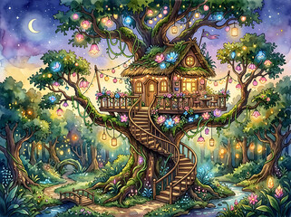Fototapeta premium Enchanted treehouse home with glowing lanterns and fairy lights nestled in magical forest at dusk with purple moonlit sky.