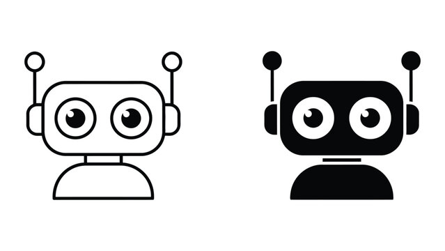 Professional Minimal Vector Icon Robot head with antennas and big eyes icon set for technology Editable Stroke, Outline and Solid Style, Black Monochrome, Isolated on White Background