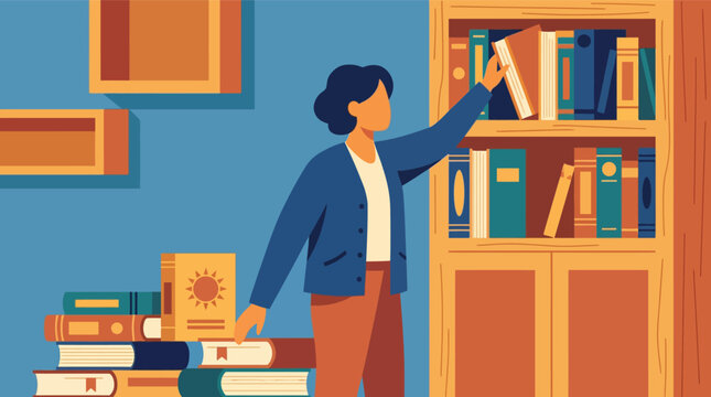 Woman Organizing Books on Wooden Shelf in Home Library