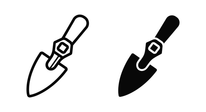 Set of garden trowel icons, hand shovel for planting and digging, gardening tool in outline and solid style