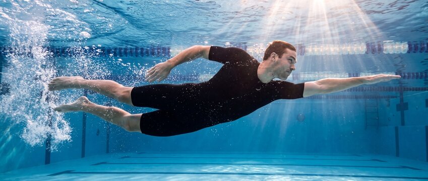 Man in black swimsuit swimming underwater in pool with sun rays