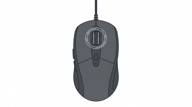 Top view of a wired computer gaming mouse with a scroll wheel
