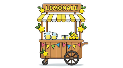 Obraz premium Rustic wooden lemonade stand cart with yellow lemon decorations for summer street market event