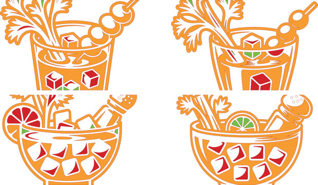 four orange glasses with ice cubes and fruits and celery sticks on white