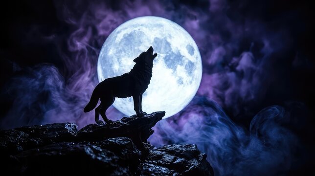 Dramatic silhouette of a howling wolf against a full moon and misty night sky