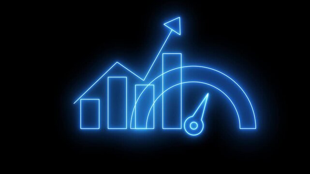Glowing blue neon business growth chart with speed gauge icon showing high performance and successful financial progress on a dark black background