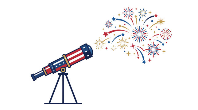 Telescope pointing at colorful fireworks with american flag pattern