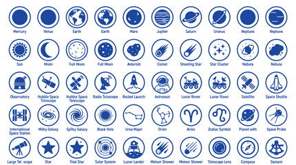 Space and Astronomy Icons Set - Planets, Galaxies, Telescopes, and Celestial Objects © Mur
