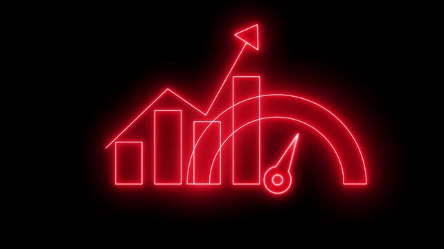 Glowing red neon business growth bar chart icon with a performance speedometer gauge showing success and financial progress on a dark background